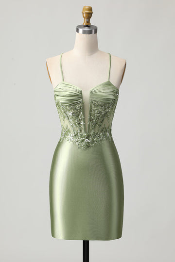 Sparkly Sage Green Bodycon Short Corset Cocktail Dress with Sequins